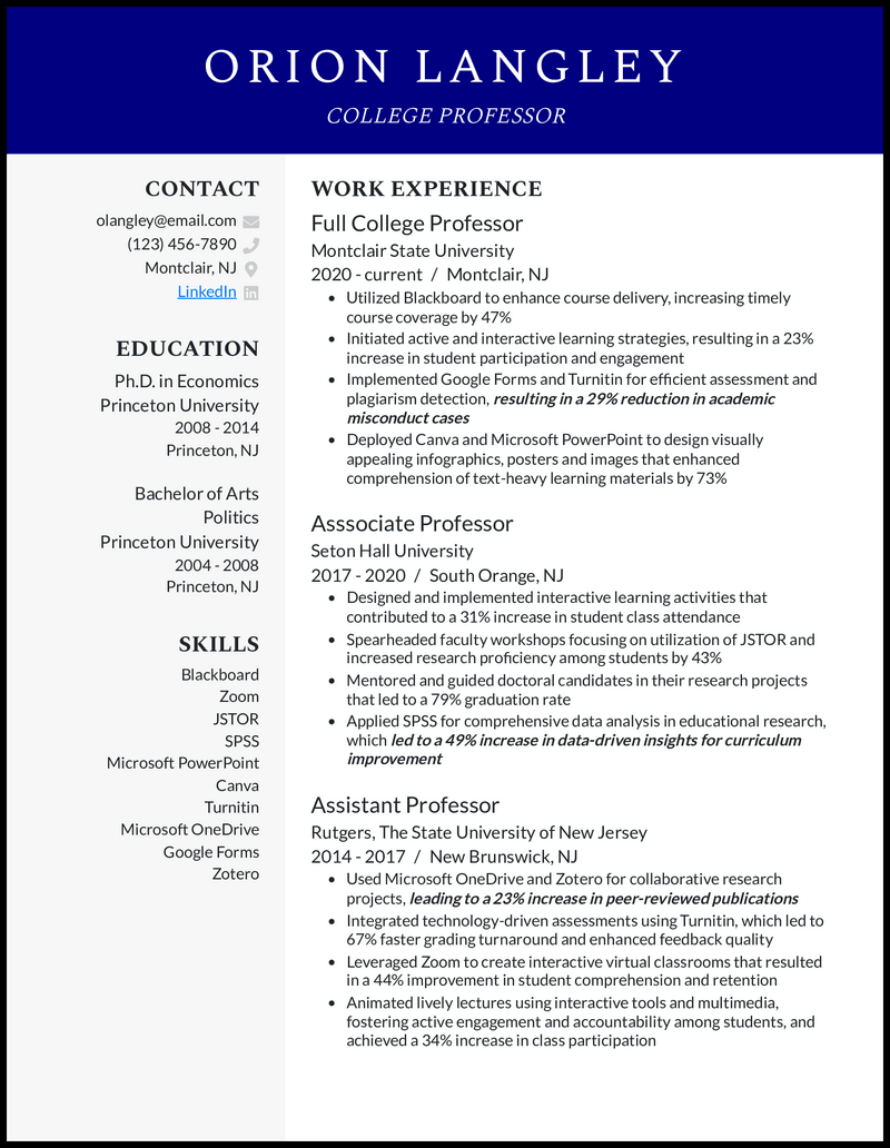 College professor resume example with 9 years of experience