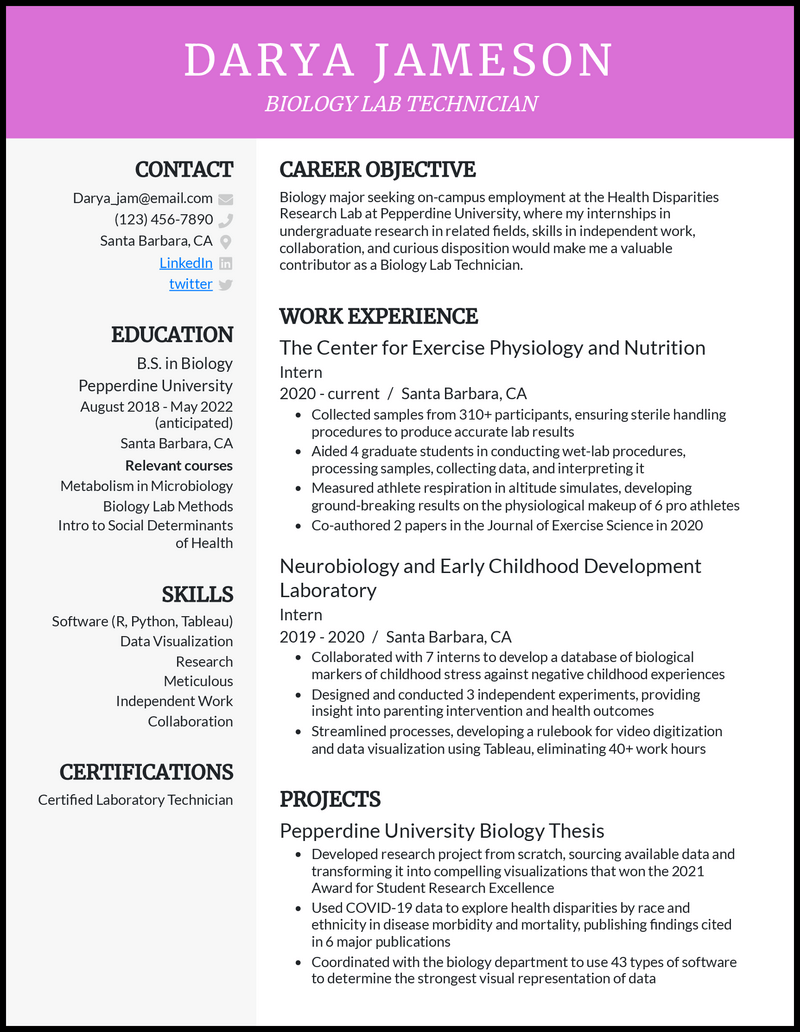 College student biology lab technician resume example 