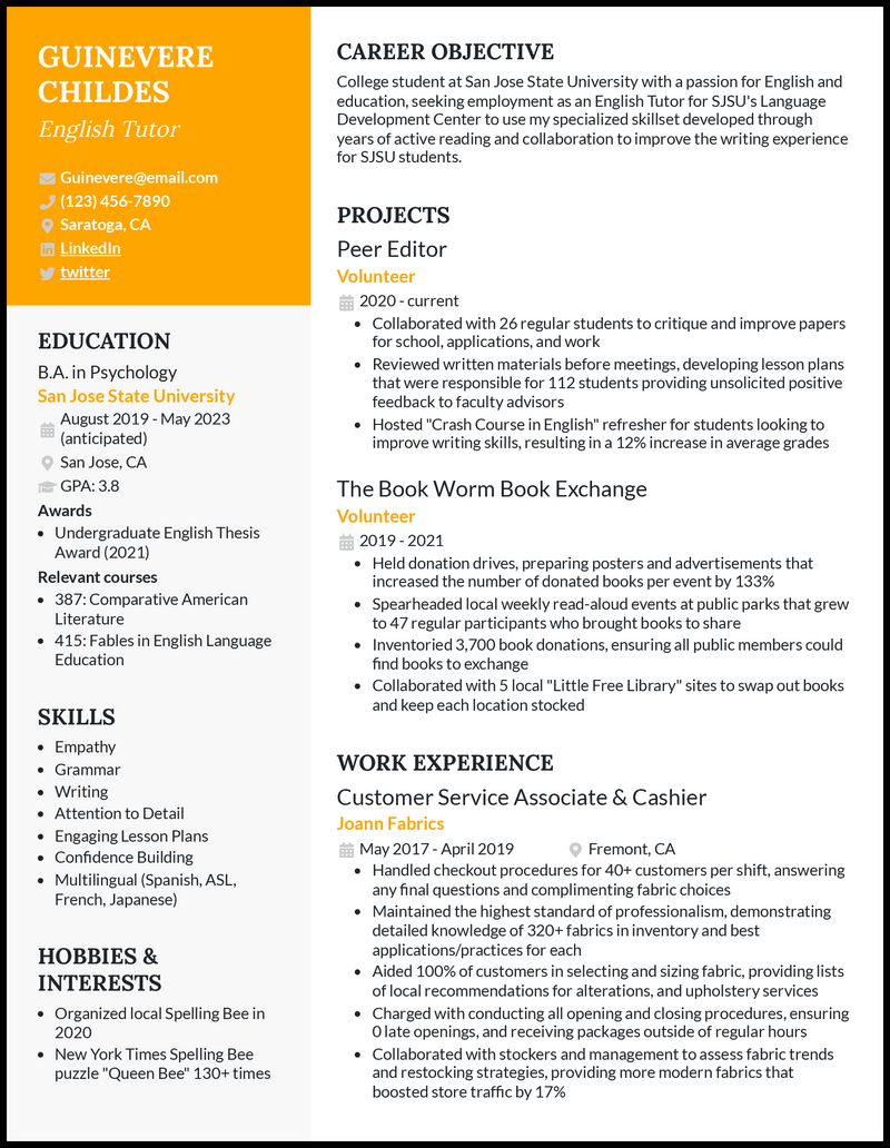 College student english tutor resume example 