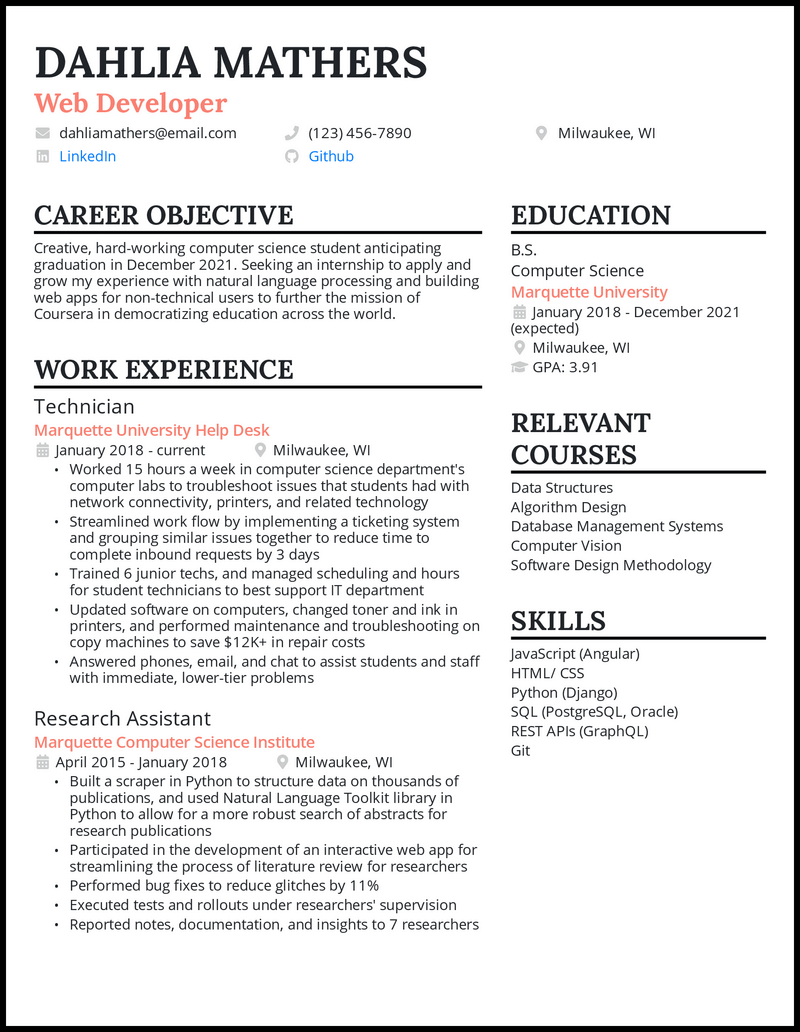 college student internship resume examples