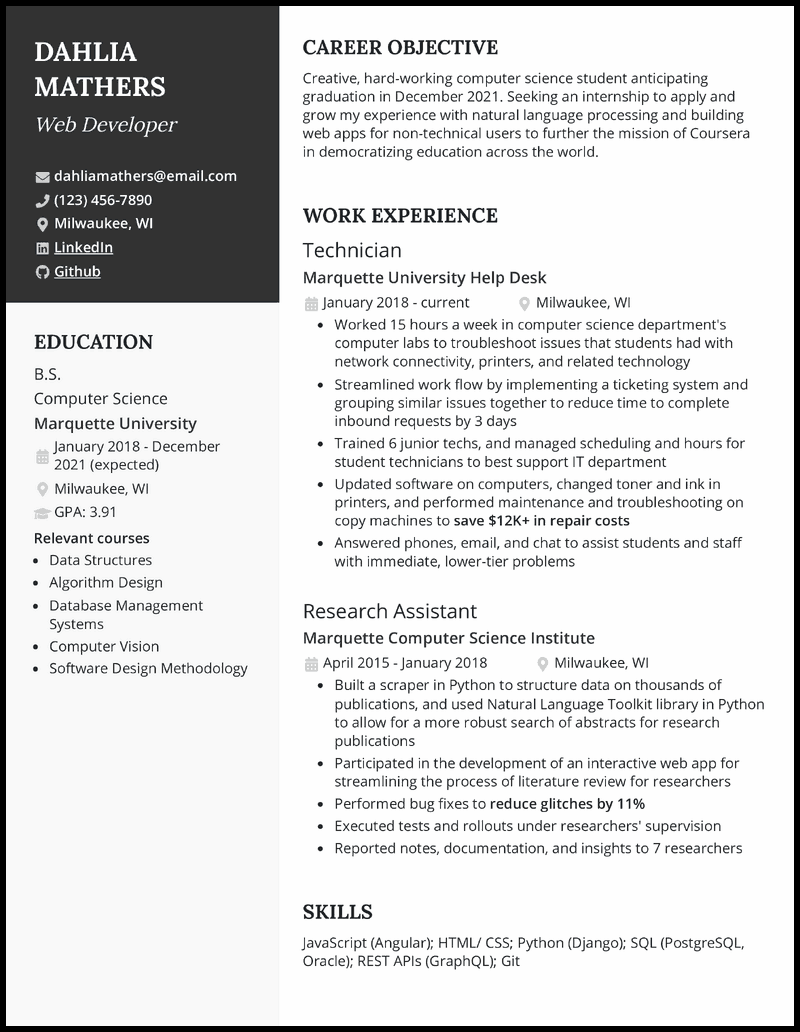 College student resume for internship resume example with no experience