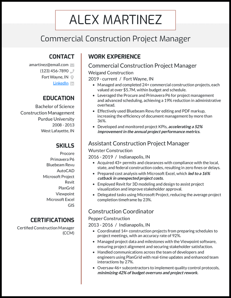 15 Construction Project Manager Resume Samples 15 Construction Project Manager Resume Samples