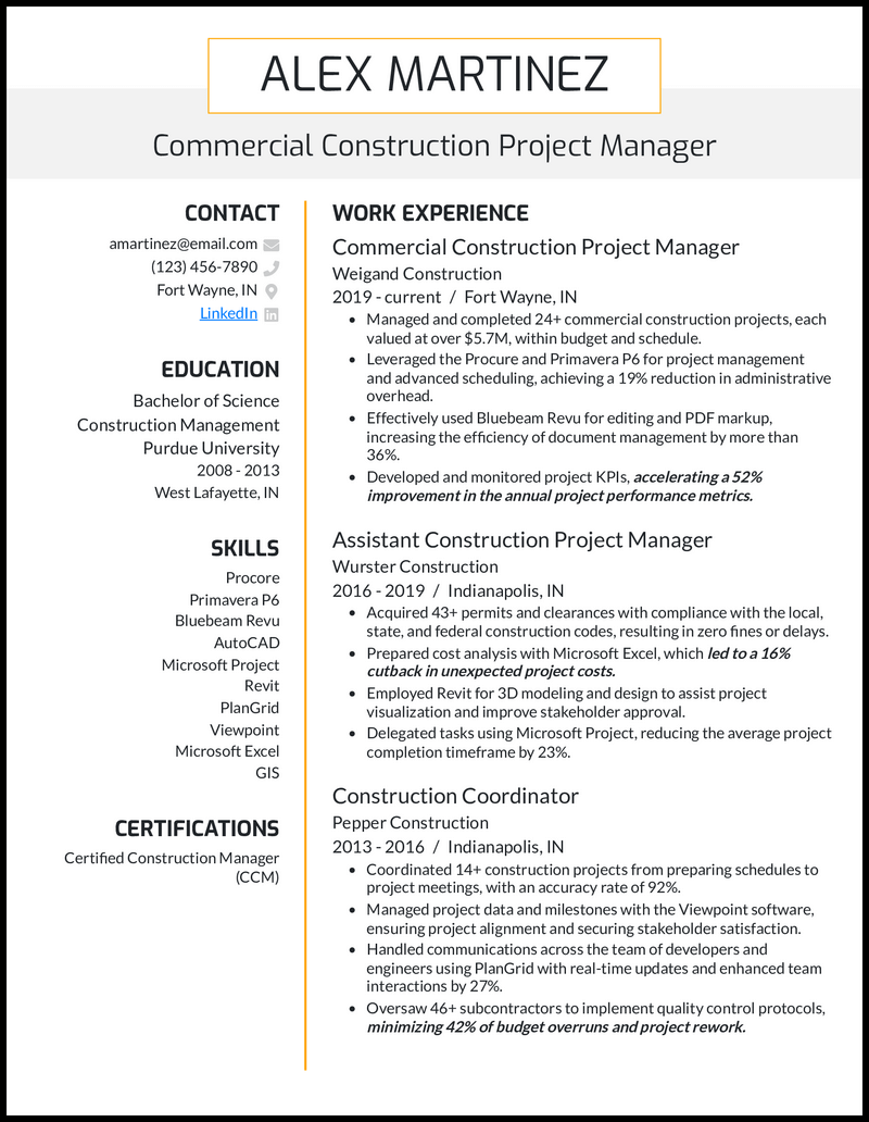 15 Construction Project Manager - Commercial Construction Project Manager Yellow Resume Example 
