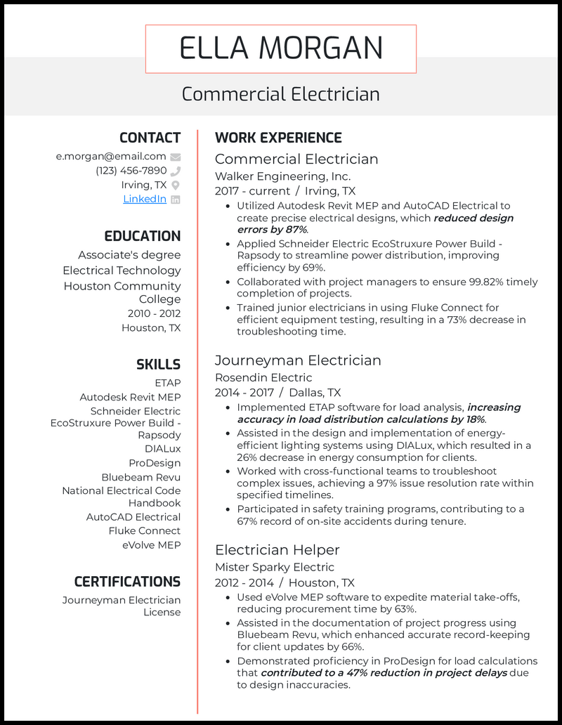 Commercial electrician resume example with 11 years of experience