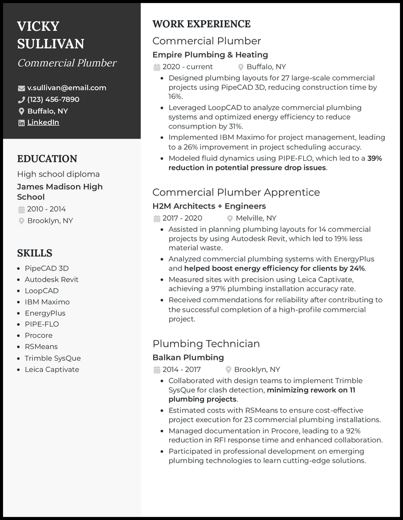 Commercial plumber resume example with 9 years of experience