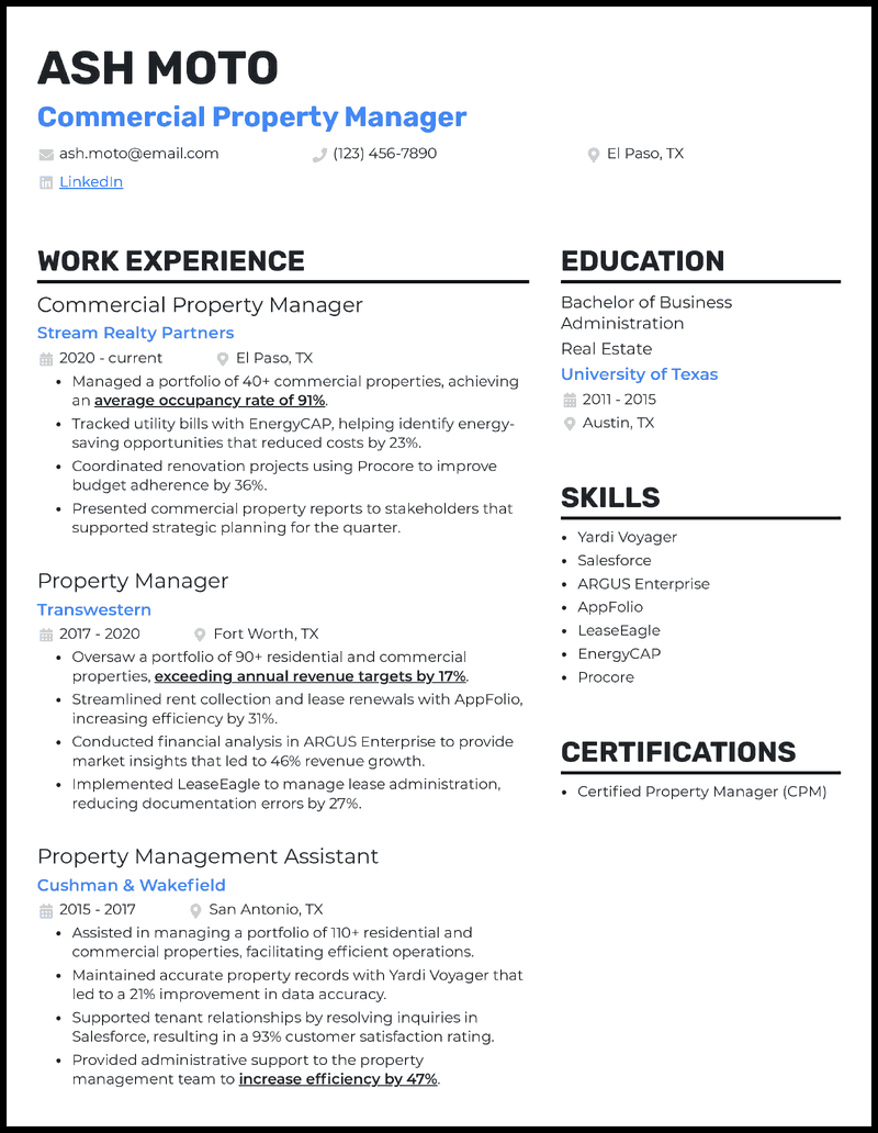 Commercial property manager resume example with 3 years of experience 