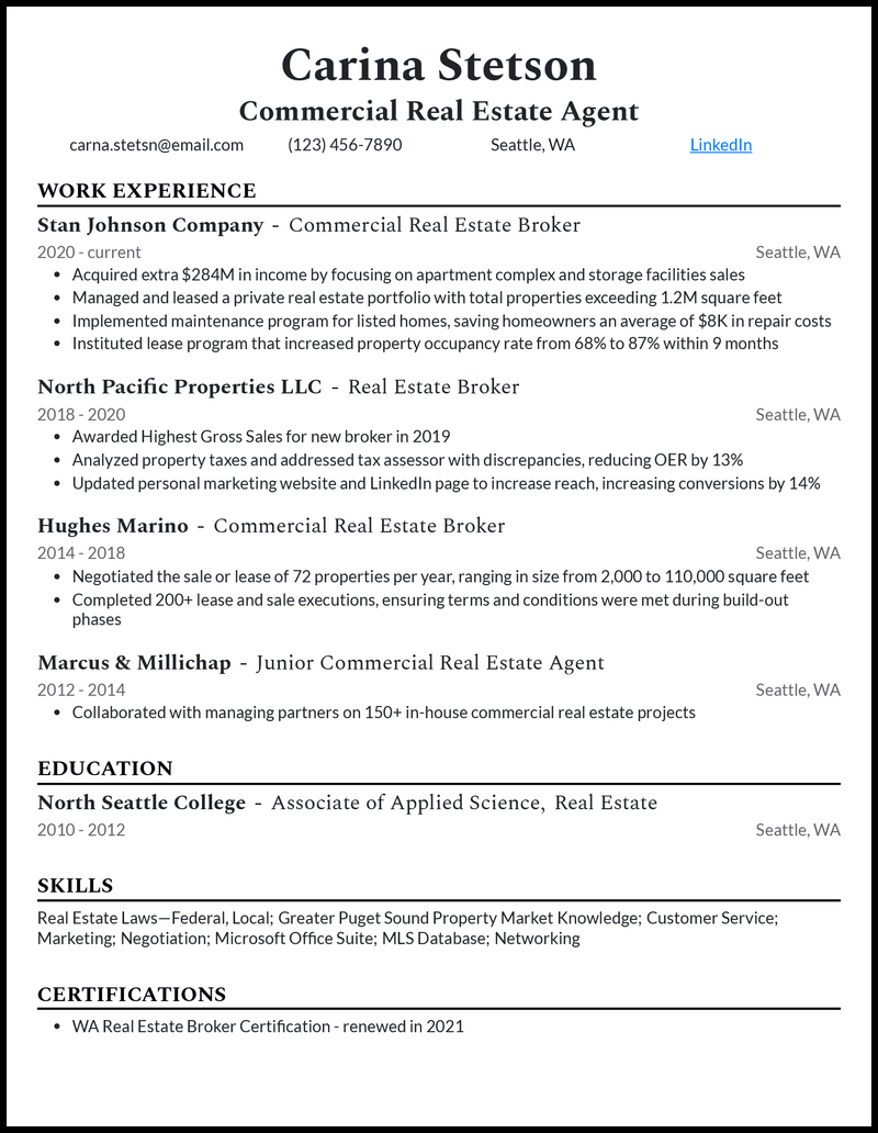 Elegant commercial real estate agent resume example with 6+ years experience