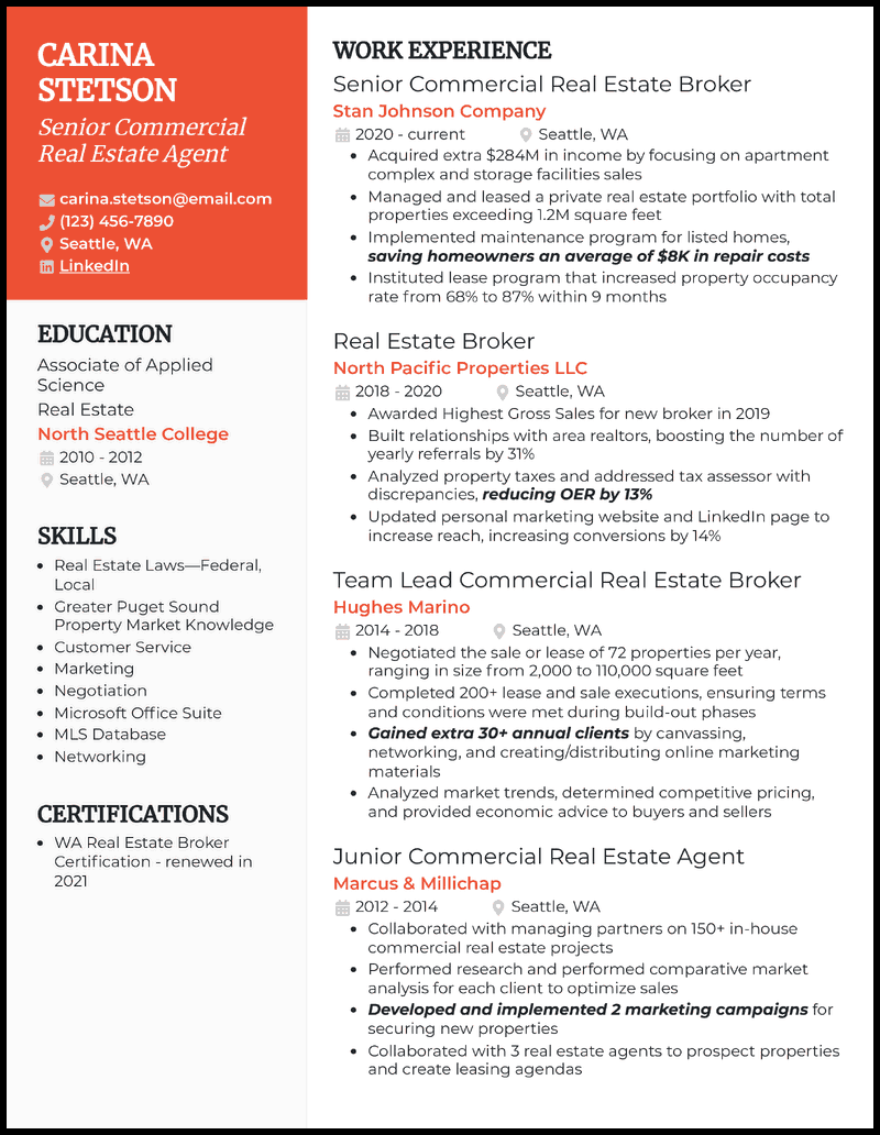 13 Real Estate Agent Resume Examples Built For 2024   Commercial Real Estate Agent Resume Example 