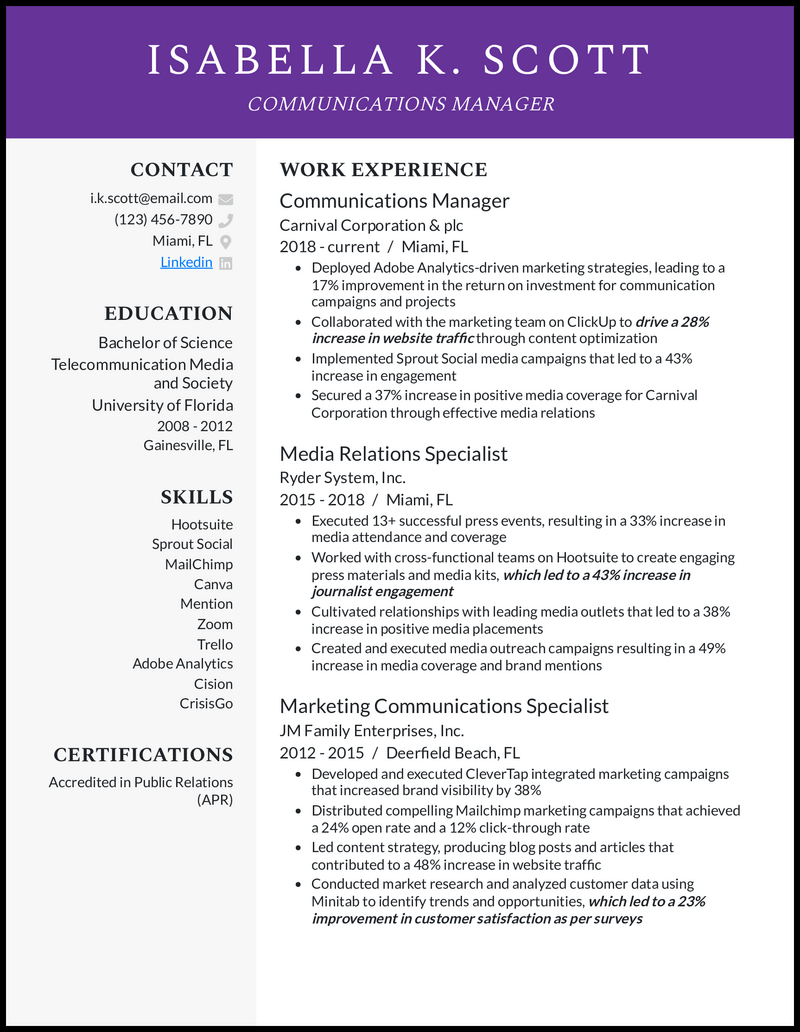 Communications manager resume example with 11 years of experience