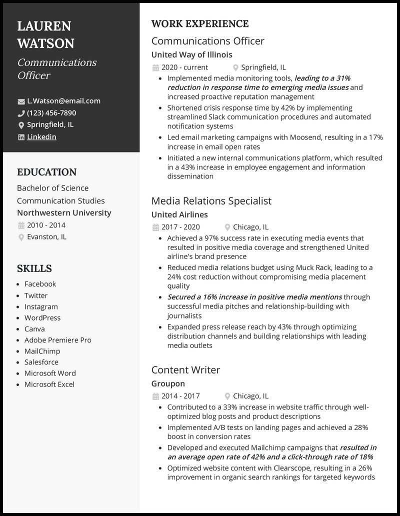 Communications resume example with 9 years experience