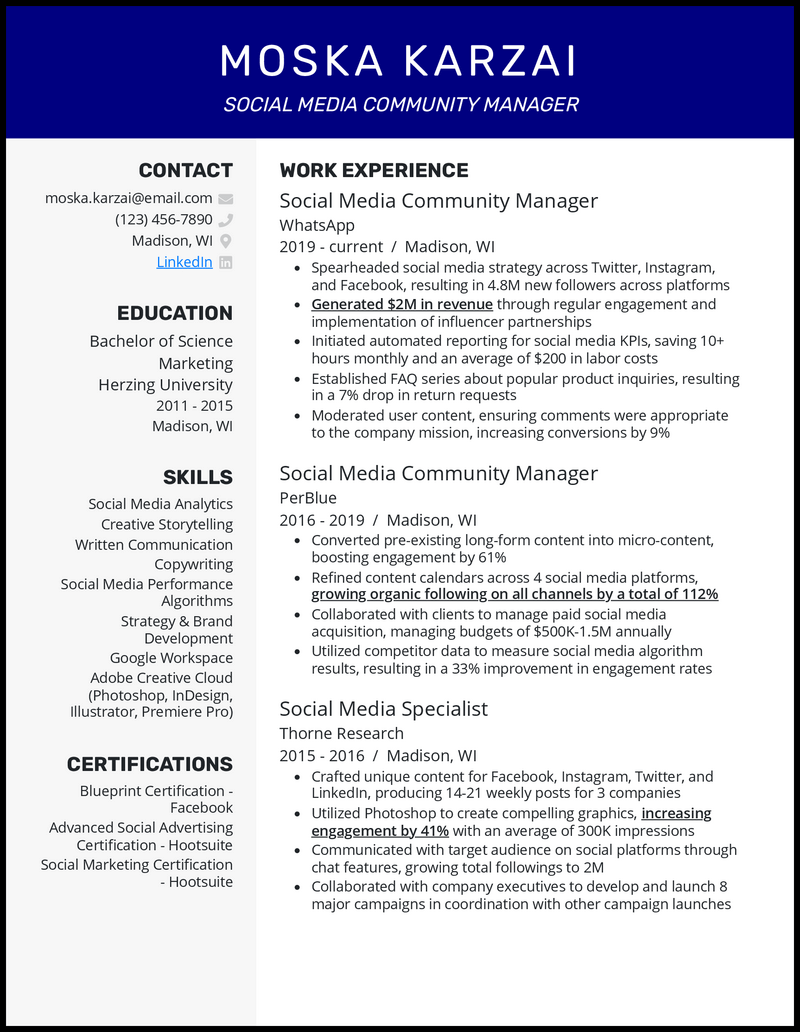 Professional community manager resume example