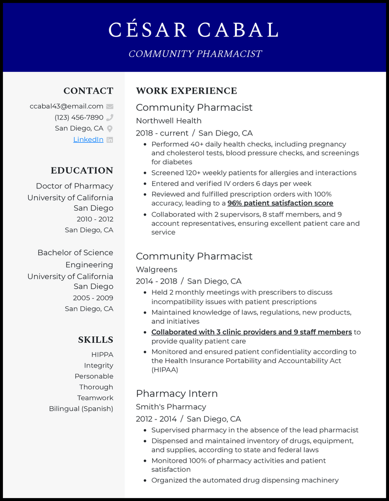 Professional community pharmacist resume example with 7+ years experience