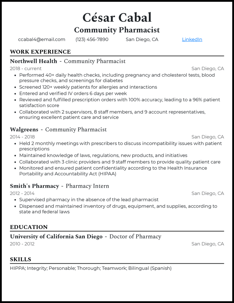 3 Community Pharmacist Resume Examples Built for 2024