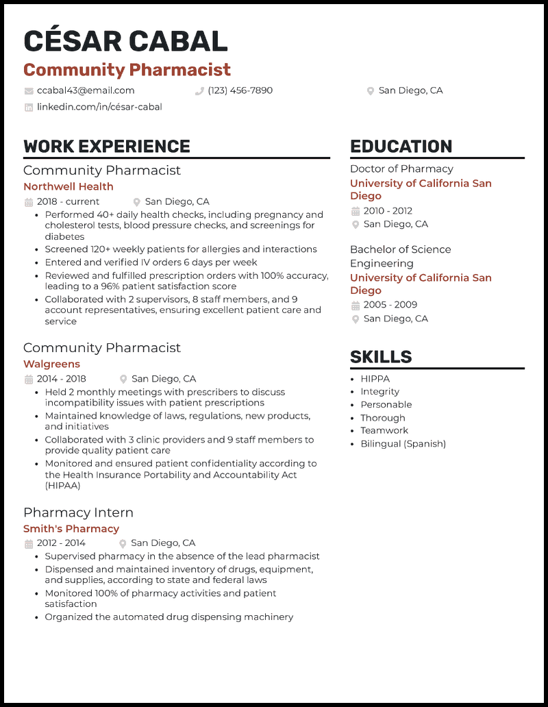 9 Pharmacist Resume Examples That - Community Pharmacist Red Brown Resume Example 