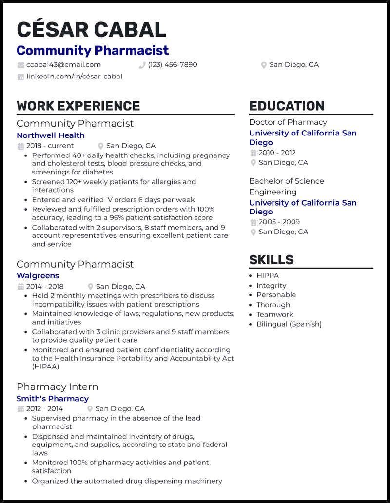 pharmacy experience resume format