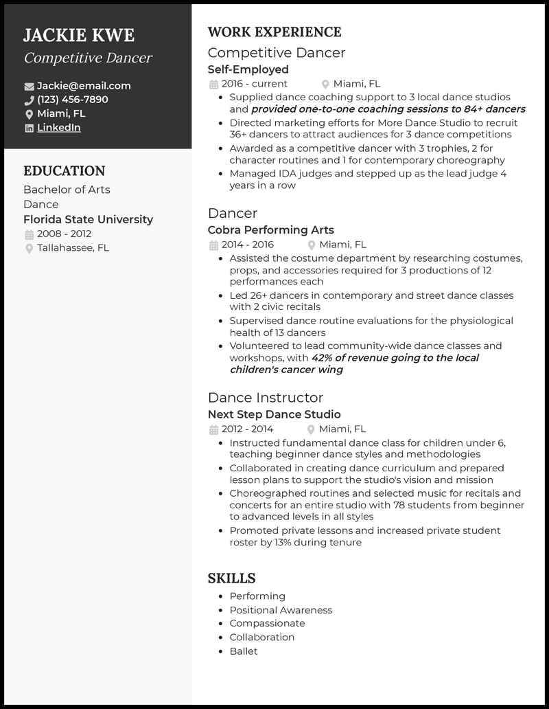 Competitive dancer resume example with 5+ years experience