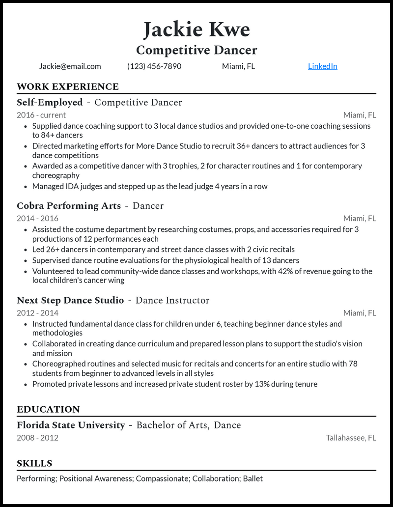 Modern competitive dancer resume example with 5+ years experience