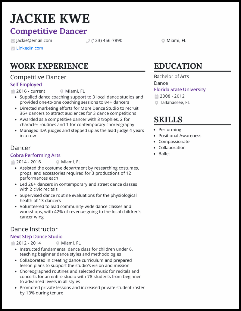 Competitive dancer resume example with 10 years of experience