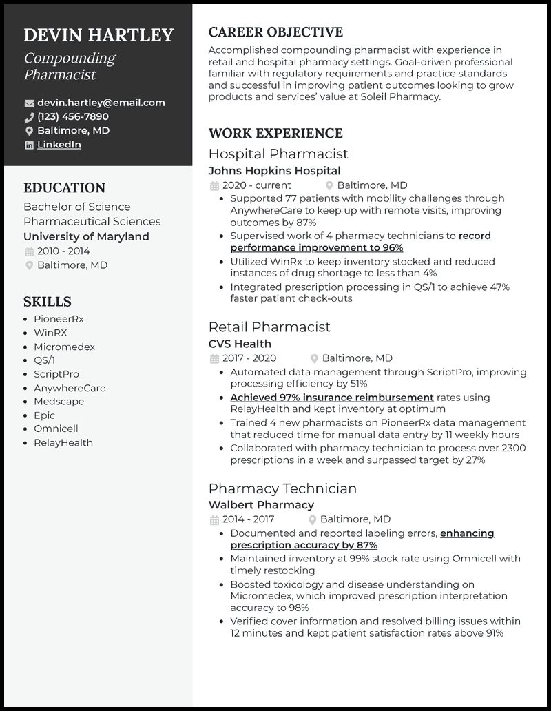 Compounding pharmacist resume example with 6 years of experience