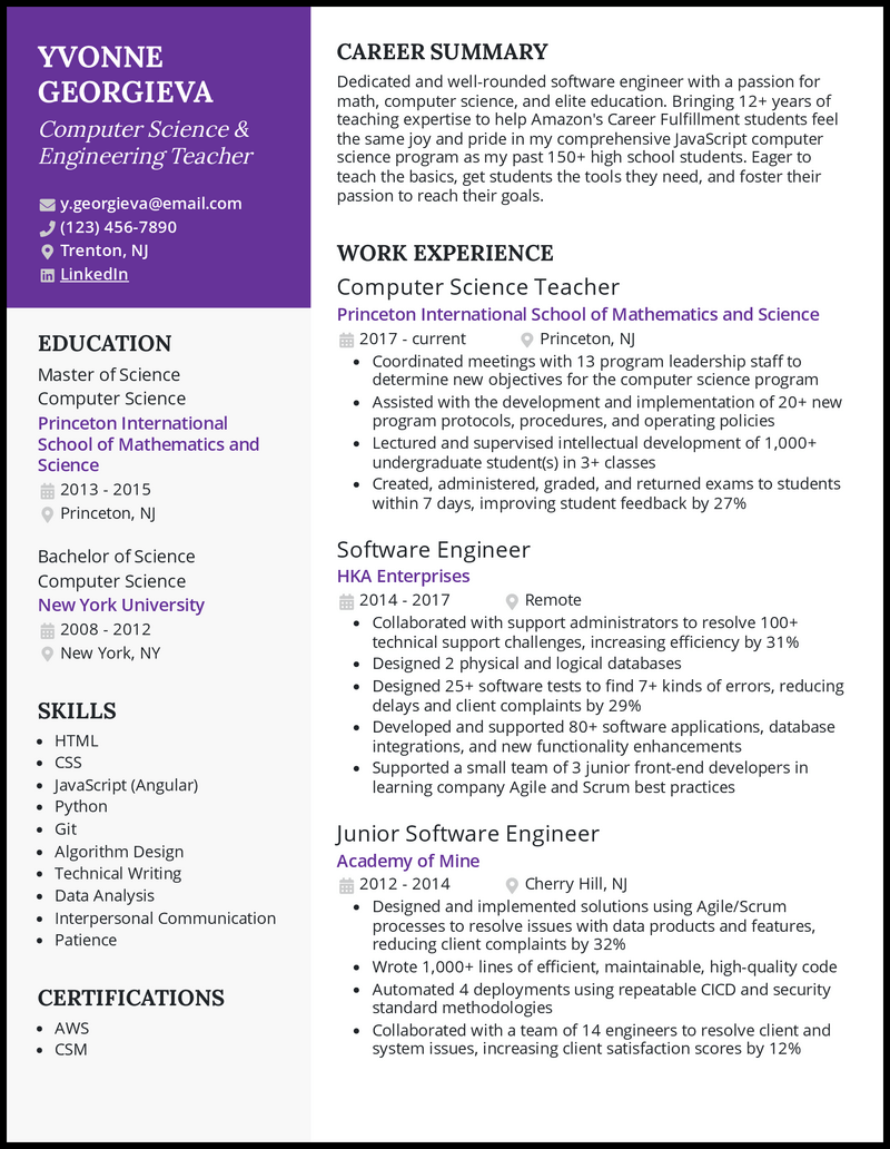 Computer science tutor resume example with 12+ years of experience