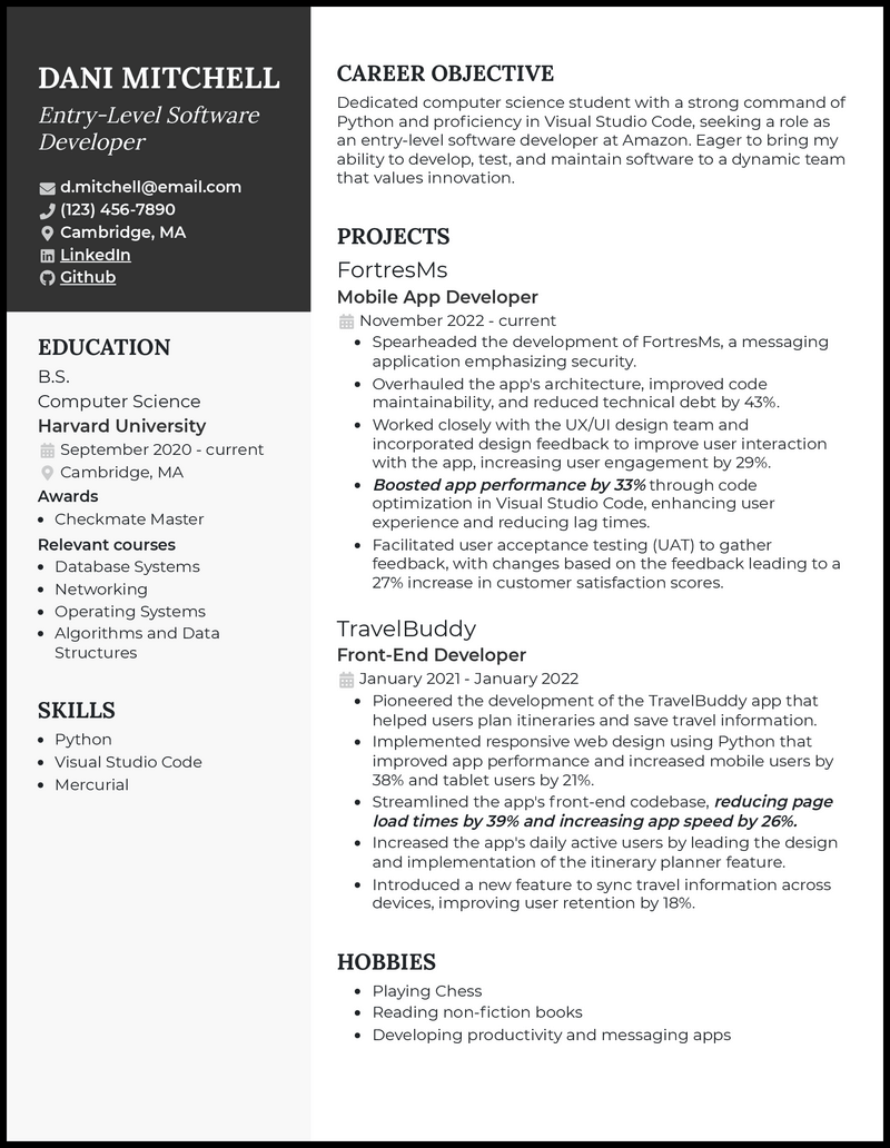 Computer science major resume example with project experience