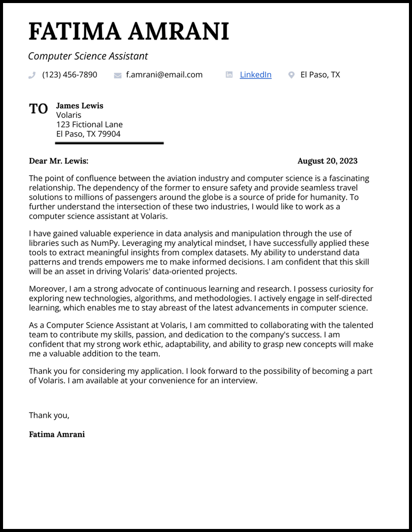 Computer science store cover letter