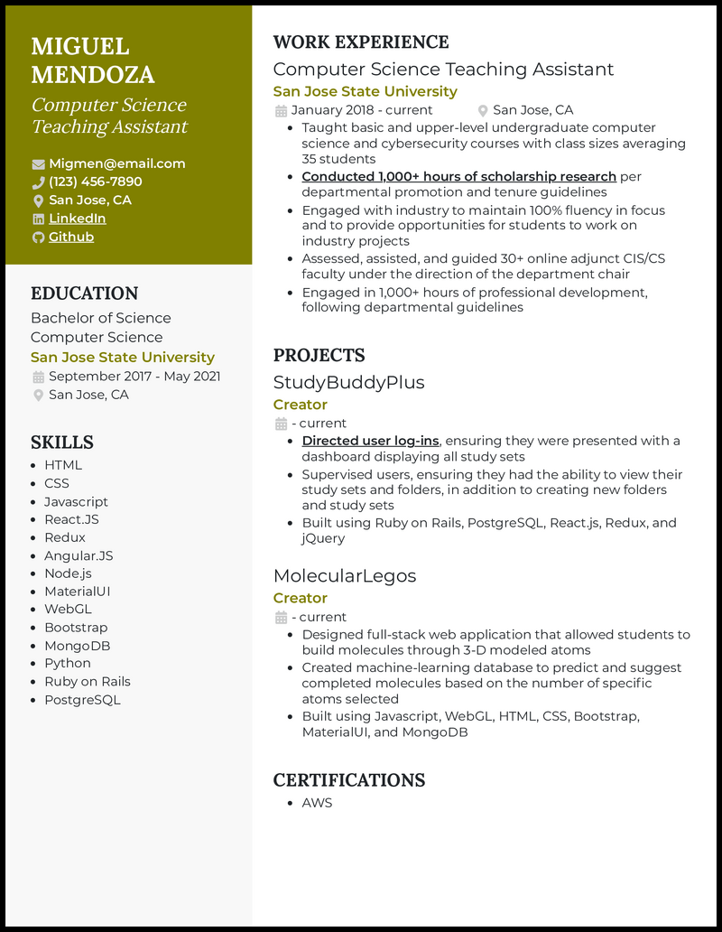 3 Computer Science Teaching Assistant - Computer Science Teaching Assistant Olive Resume Example 