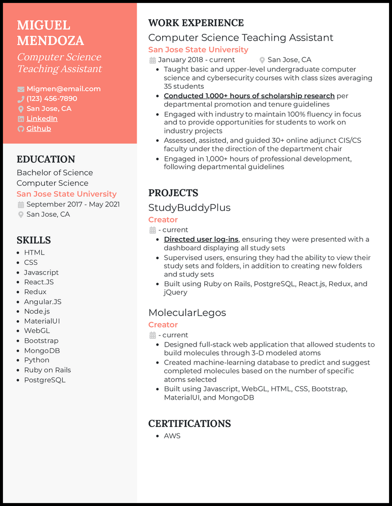 3 Computer Science Teaching Assistant Resume Templates & Examples for 2026