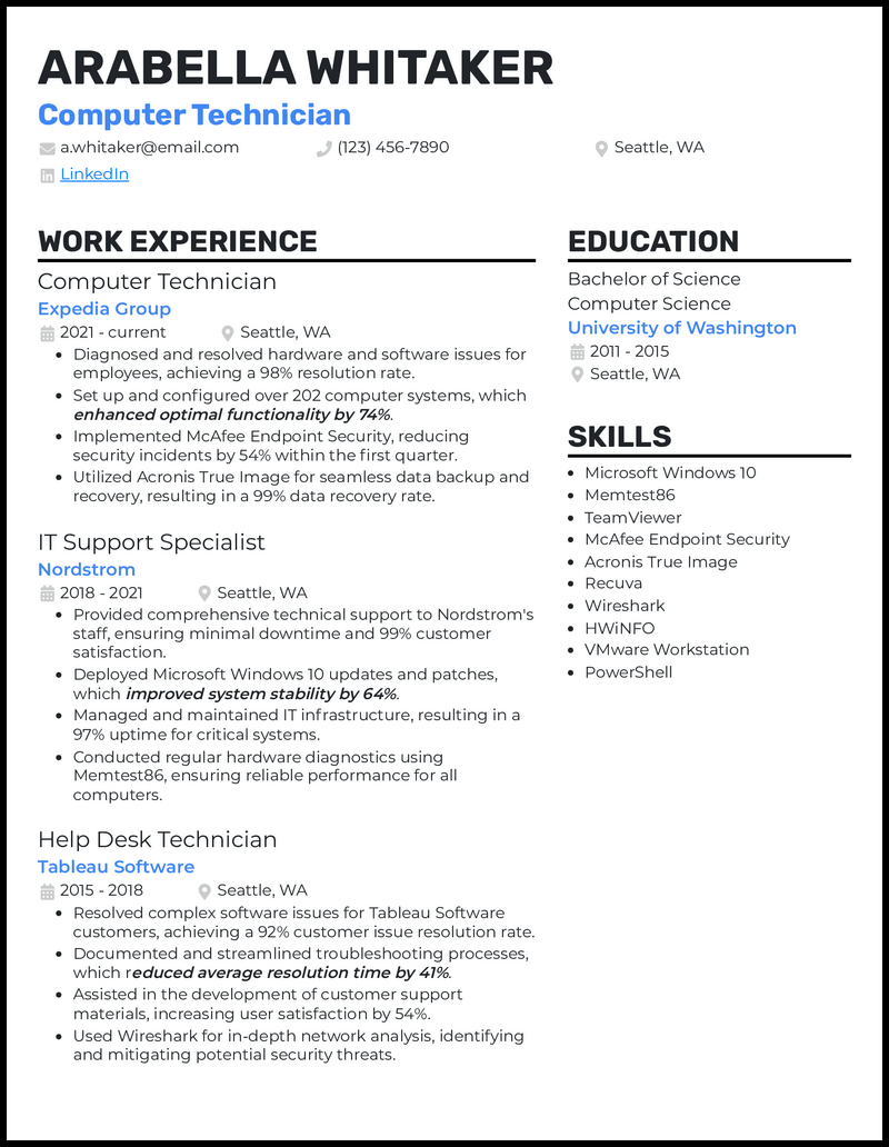 Computer technician resume example with 8 years of experience