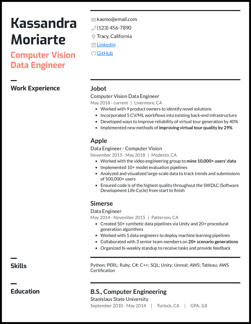 Computer vision data engineer resume example with 9 years of experience