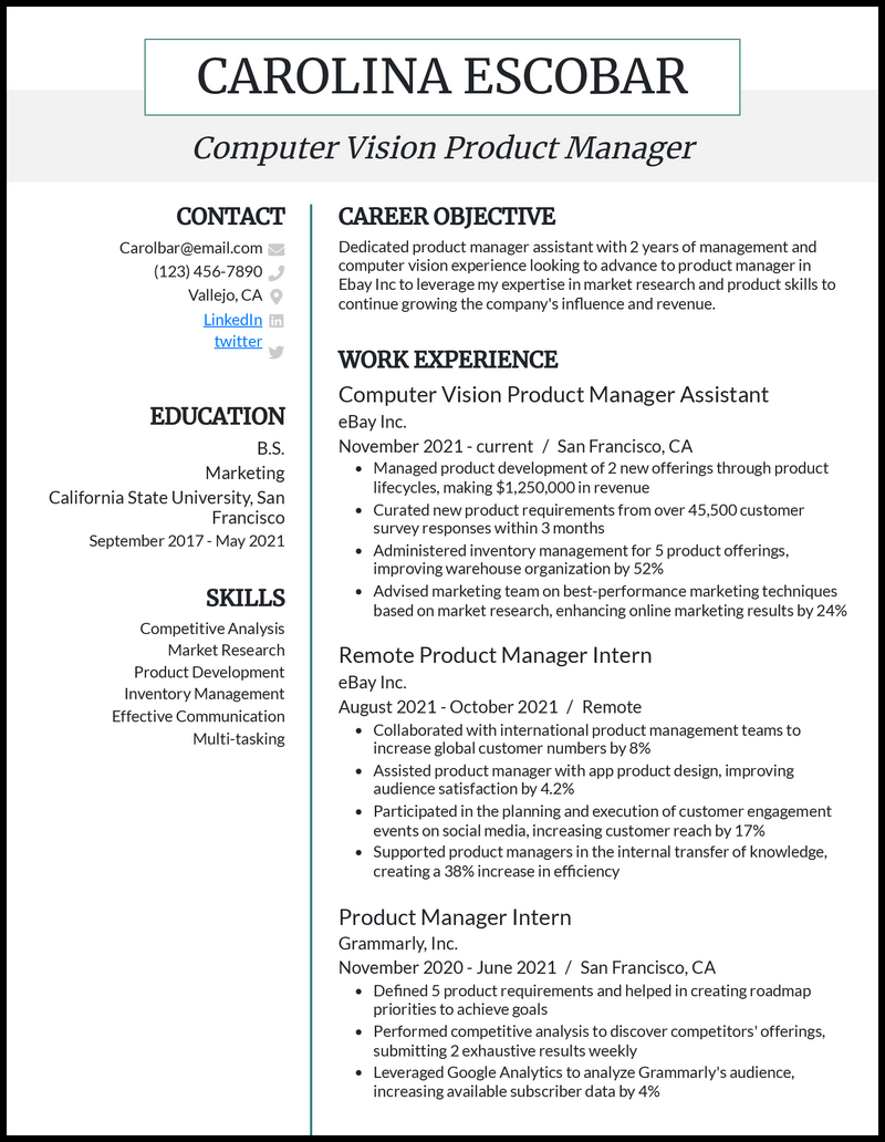 Product Manager Resume Examples 2024 Tiena Gertruda
