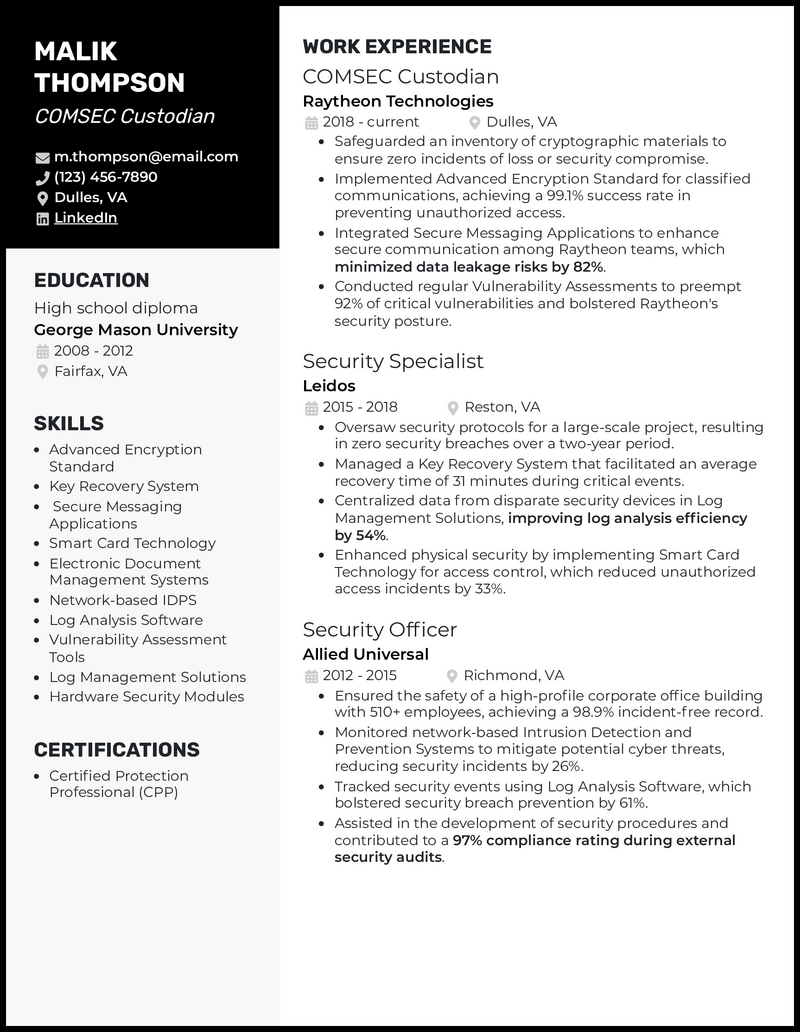 COMSEC Custodian resume example with 11 years of experience