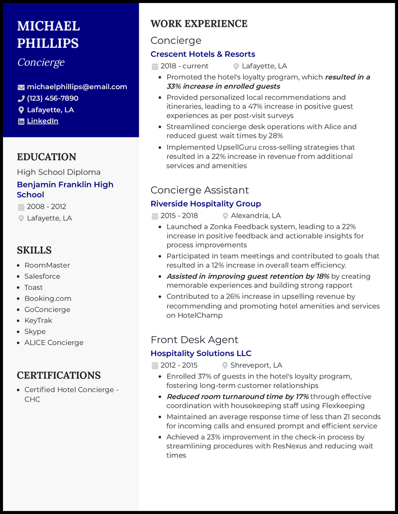 Concierge resume example with 11 years of experience