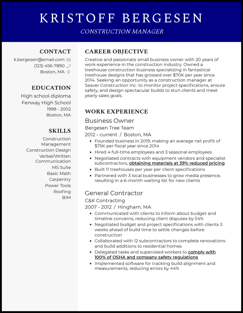 Elegant construction business owner resume example