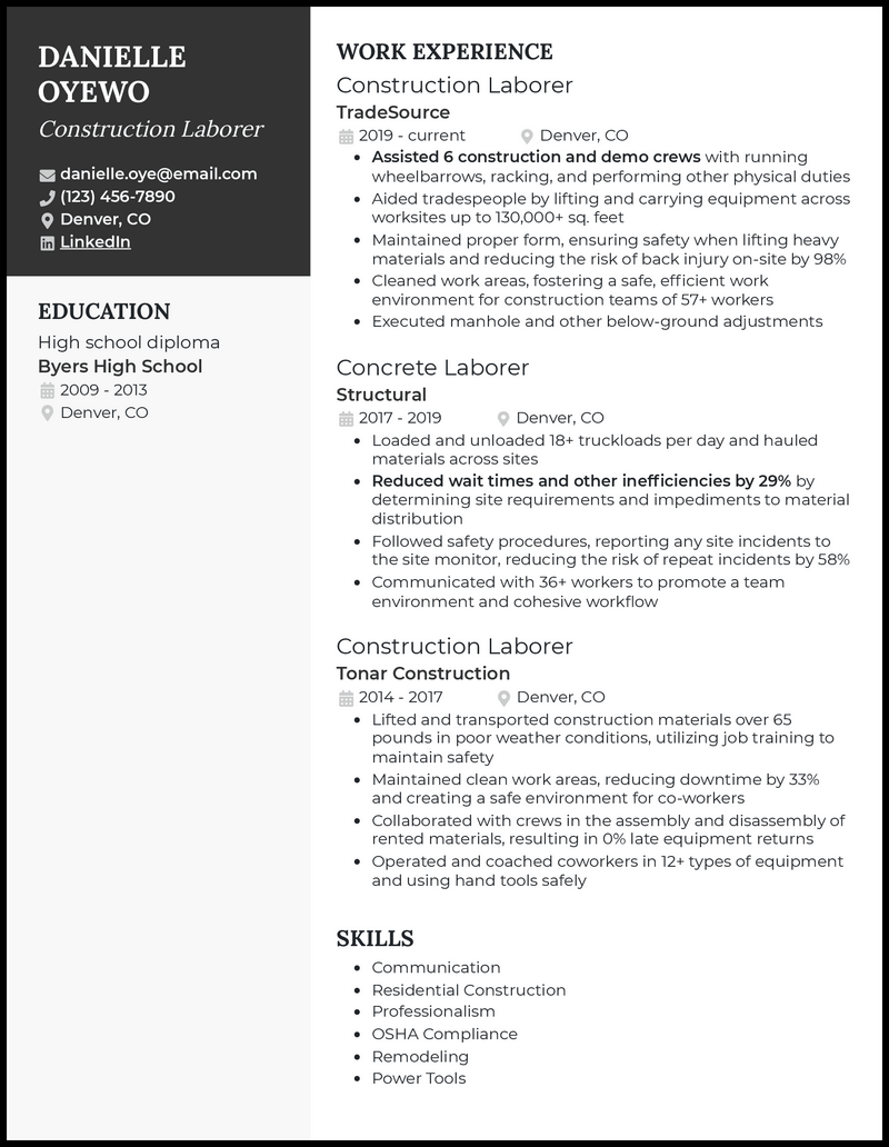 Construction laborer resume example with 4+ years experience