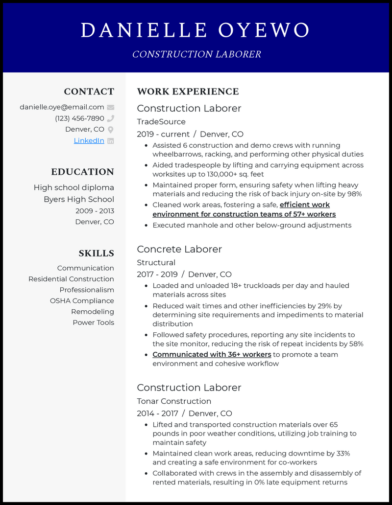 3 Construction Laborer Resume Examples Working for 2024