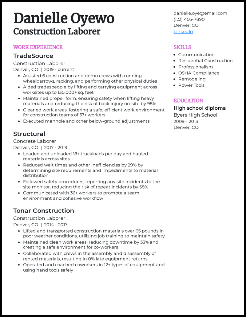 Construction laborer resume example with 8 years of experience