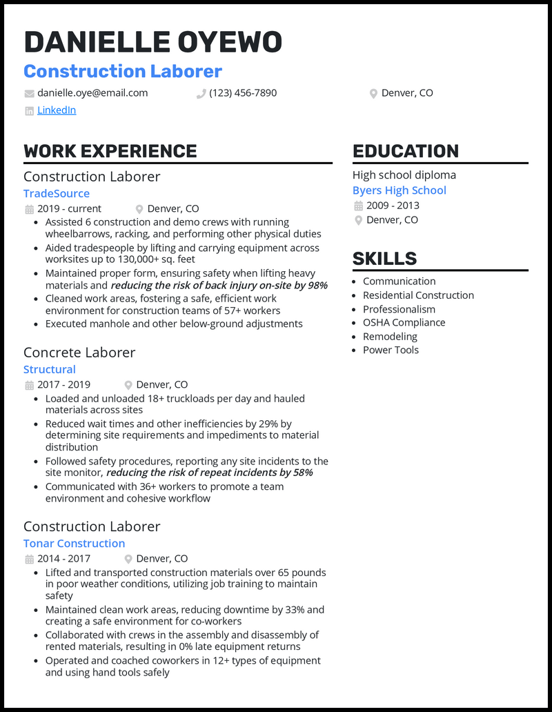 3 Construction Laborer Resume Examples Working for 2024