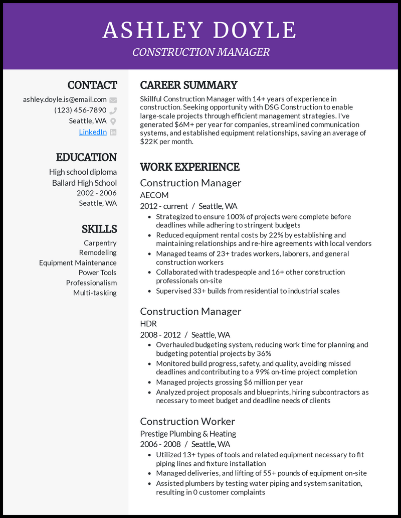 Construction manager resume example with 17 years of experience