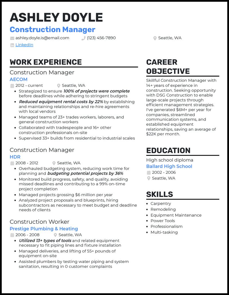 Construction manager resume example with 5+ years experience