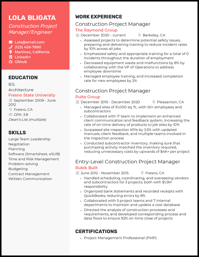 Construction project manager/engineer resume example with 10 years of experience