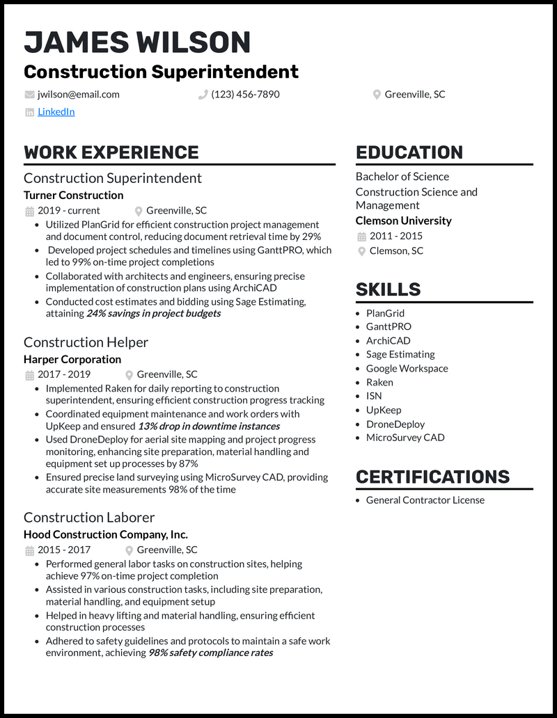 9 Construction Worker Resume Examples - Construction Superintendent Black Resume Example 