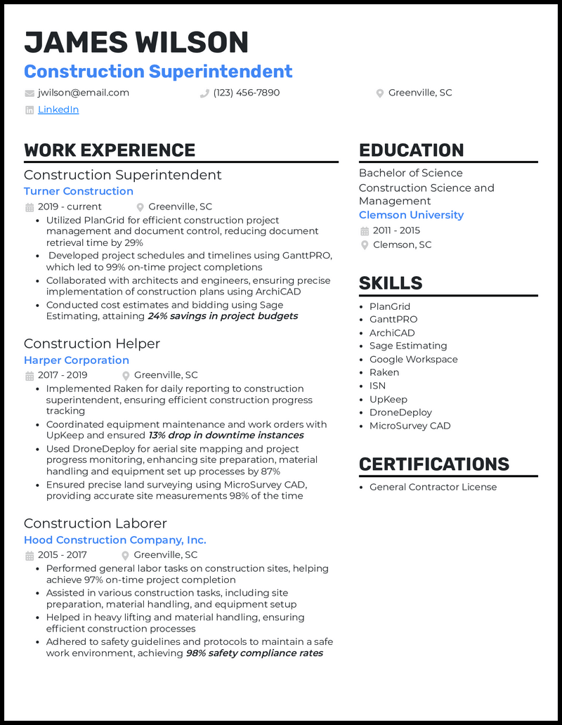 7 Construction Worker Resume Examples for 2024