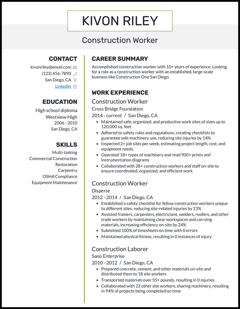9 Construction Worker Resume Examples for 2024