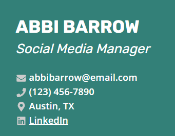 Resume contact header for social media manager