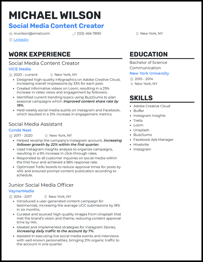 Content creator 2 resume example with 3 years of experience