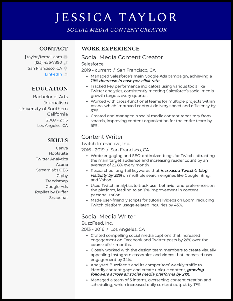 Content creator 3 resume example with 10 years of experience