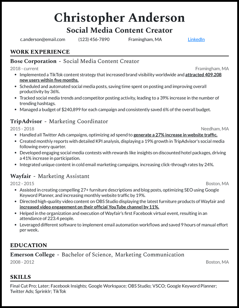 Content creator 4 resume example with 5 years of experience