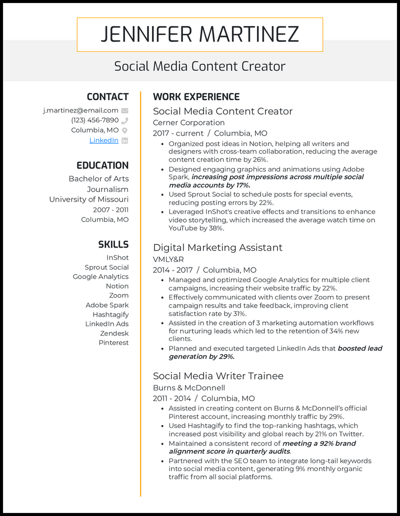 Content creator 5 resume example with 12 years of experience