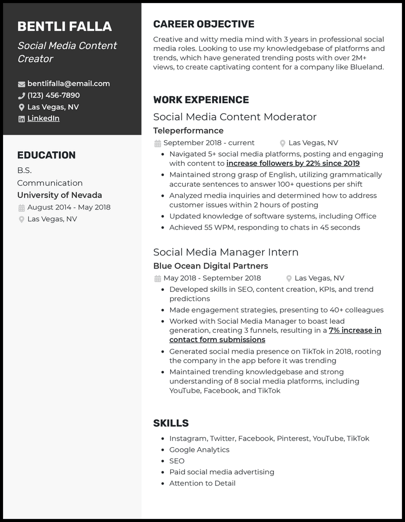 Content creator resume example with 4+ years experience